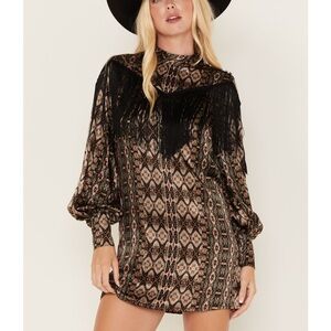 SHYANNE WOMEN'S LONG SLEEVE SATIN FRINGE MODE WESTERN DRESS
